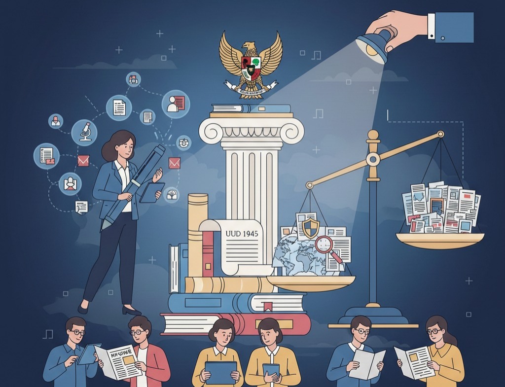 Doc. Ilustrasi ini menggambarkan kemerdekaan pers sebagai pilar demokrasi di Indonesia, berlandaskan konstitusi dan UU Pers. Penulis berita perempuan mewakili peran jurnalistik dalam mencari dan mengolah informasi. Simbol timbangan dengan tumpukan berita menunjukkan pentingnya tanggung jawab, akurasi, dan kode etik. Masyarakat membaca berita menggambarkan peran pers dalam pendidikan publik dan kedaulatan rakyat. Cahaya senter menyoroti akuntabilitas dan kontrol publik, menegaskan bahwa pers harus transparan dan siap dievaluasi. (Ilustrasi: NR).