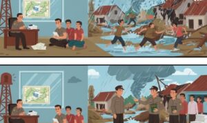 Doc. Ilustrasi perbandingan kondisi sebelum dan sesudah bencana di tingkat desa. Bagian kiri menggambarkan proses perencanaan dan administrasi pemerintah desa dalam menyusun dokumen dan peta mitigasi, sementara bagian kanan memperlihatkan situasi darurat saat banjir melanda serta pentingnya koordinasi, respons cepat, dan distribusi bantuan pascabencana kepada warga terdampak. Catatan: Gambar ini hanya merupakan ilustrasi semata dan tidak merepresentasikan peristiwa atau pihak tertentu. (ilustrasi: NR).