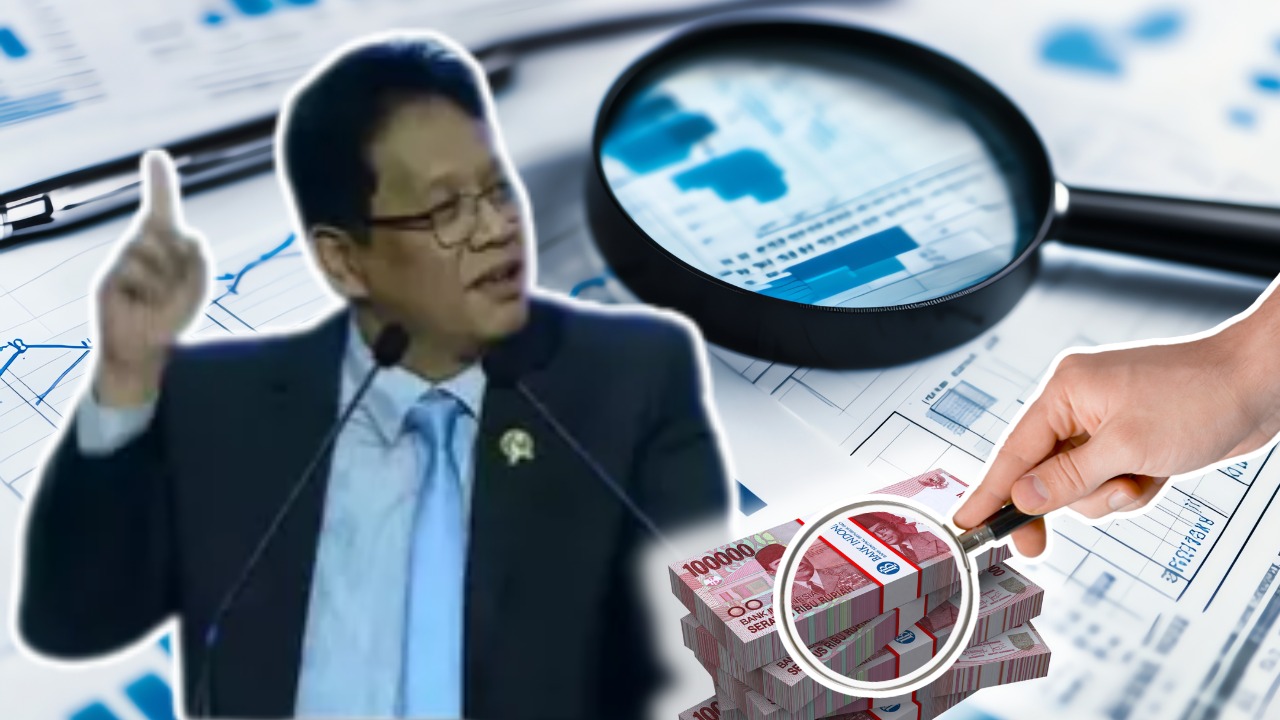 Doc. Ilustrasi Menteri Keuangan saat menyampaikan paparan terkait pengelolaan dan pengawasan keuangan negara. Gambar dipadukan dengan elemen visual kaca pembesar, grafik laporan keuangan, serta tumpukan uang rupiah sebagai simbol audit, transparansi, dan penguatan akuntabilitas anggaran. (NR).