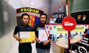 Doc. Nurohim (kiri) bersama seorang saudaranya saat menjalankan agenda penyampaian laporan di Polda Jawa Tengah, Minggu (15/2/2026). Pada kolase bagian depan terlihat dokumentasi proses mediasi sebelumnya di Polsek Bandongan, sementara pada bagian lainnya tampak Nurohim berfoto bersama kuasa hukumnya, Adv. Donny Andretti dari Firma Hukum Subur Jaya dan tim FERADI WPI, usai penyampaian laporan di Bid Propam Polda Jawa Tengah. (Foto: FERADI WPI Official).