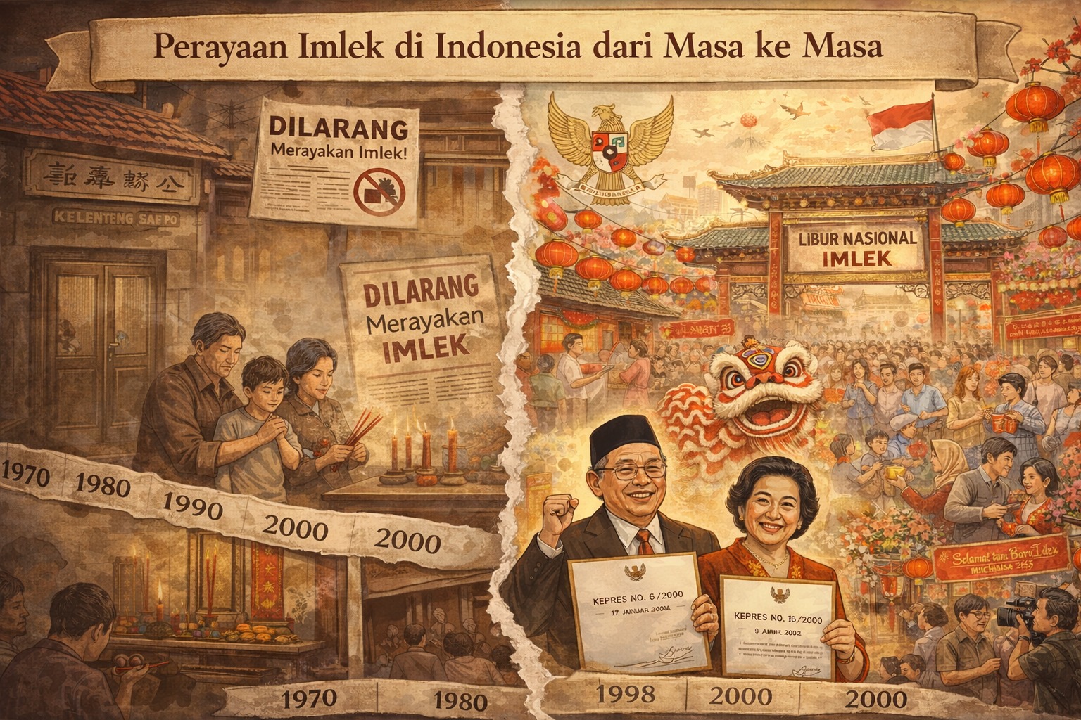 Doc. Ilustrasi perjalanan sejarah perayaan Imlek di Indonesia dari masa pembatasan hingga menjadi perayaan terbuka dan hari libur nasional. Visual menggambarkan transformasi kebijakan dan suasana sosial, dari perayaan yang berlangsung terbatas di ruang privat hingga kemeriahan Imlek di ruang publik pascareformasi sebagai simbol keterbukaan dan pengakuan terhadap keberagaman budaya. Catatan: Gambar ini hanya merupakan ilustrasi untuk kebutuhan pemberitaan dan bukan representasi peristiwa atau tokoh secara spesifik. (ilustrasi: NR).