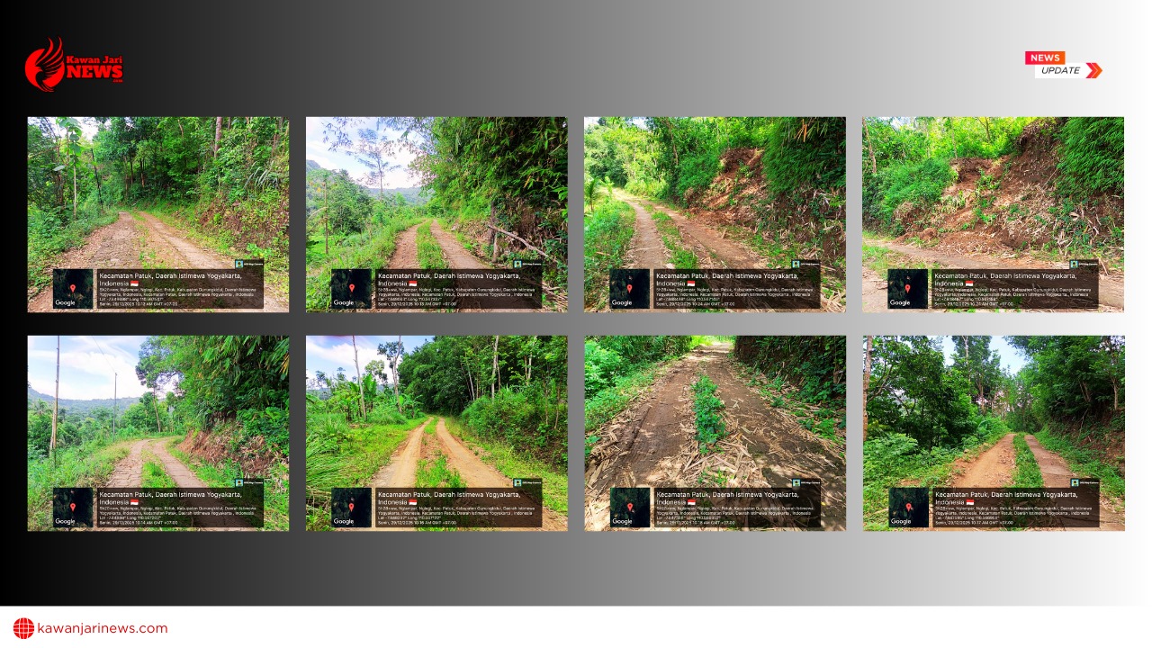 Doc. Kompilasi dokumentasi 8 titik jalan lingkungan di Desa Nglegi, Kecamatan Patuk, Kabupaten Gunungkidul, yang menjadi akses utama siswa menuju SD Negeri Nglegi 2. Foto menampilkan RUMAJA longsor, rabat beton pecah, penurunan badan jalan, dan permukaan licin, serta memperlihatkan kondisi jalan yang berisiko bagi siswa dan warga. Dokumentasi diambil pada Desember 2025. (Foto: Arsip Redaksi).