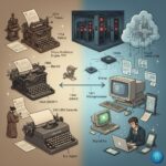 Doc. Sisi Kiri (Era Klasik): Menampilkan evolusi mesin ketik dari model awal (1714), penemuan tata letak QWERTY (1868), hingga era mesin ketik kantor yang dominan di Indonesia hingga era 80-an. Sisi Kanan (Era Modern): Menggambarkan kemunculan komputer meja (PC), laptop, hingga integrasi data melalui jaringan internet dan cloud yang menandai digitalisasi total. (ilustrasi: NR).