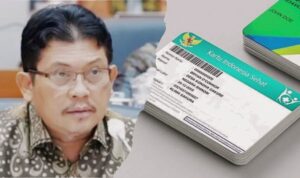 Doc. Direktur Utama BPJS Kesehatan, Ali Ghufron Mukti (kiri), berdampingan dengan ilustrasi Kartu Indonesia Sehat (kanan) sebagai representasi program Jaminan Kesehatan Nasional (JKN). (Sumber: UMSU).
