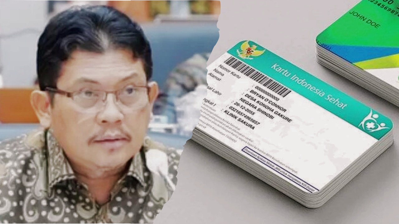 Doc. Direktur Utama BPJS Kesehatan, Ali Ghufron Mukti (kiri), berdampingan dengan ilustrasi Kartu Indonesia Sehat (kanan) sebagai representasi program Jaminan Kesehatan Nasional (JKN). (Sumber: UMSU).