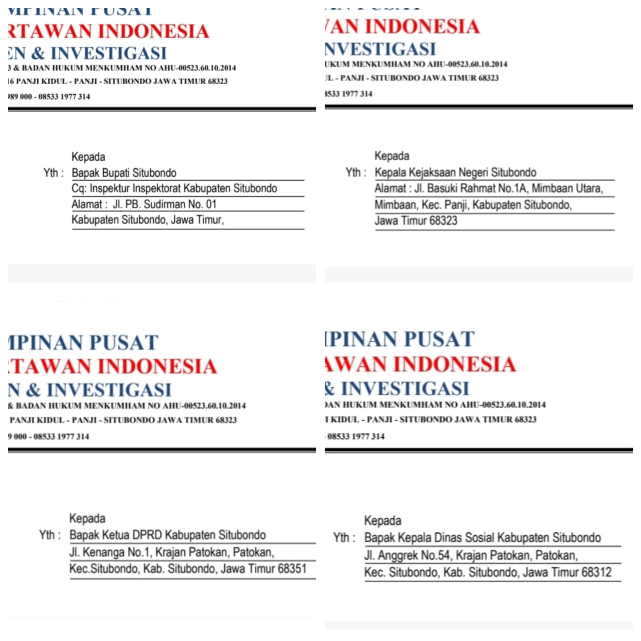 Doc. Tangkapan layar dokumen surat aduan yang dilayangkan oleh Gabungan Wartawan Indonesia (GWI) kepada Bupati Situbondo dan Kejaksaan Negeri Situbondo terkait dugaan pelanggaran disiplin ASN dan penggunaan kendaraan dinas. Beberapa bagian dokumen diburamkan untuk melindungi data administratif serta mencegah penyalahgunaan informasi, mengingat proses masih dalam tahap penyampaian dan telaah oleh instansi terkait. (Foto: Rasyidi).