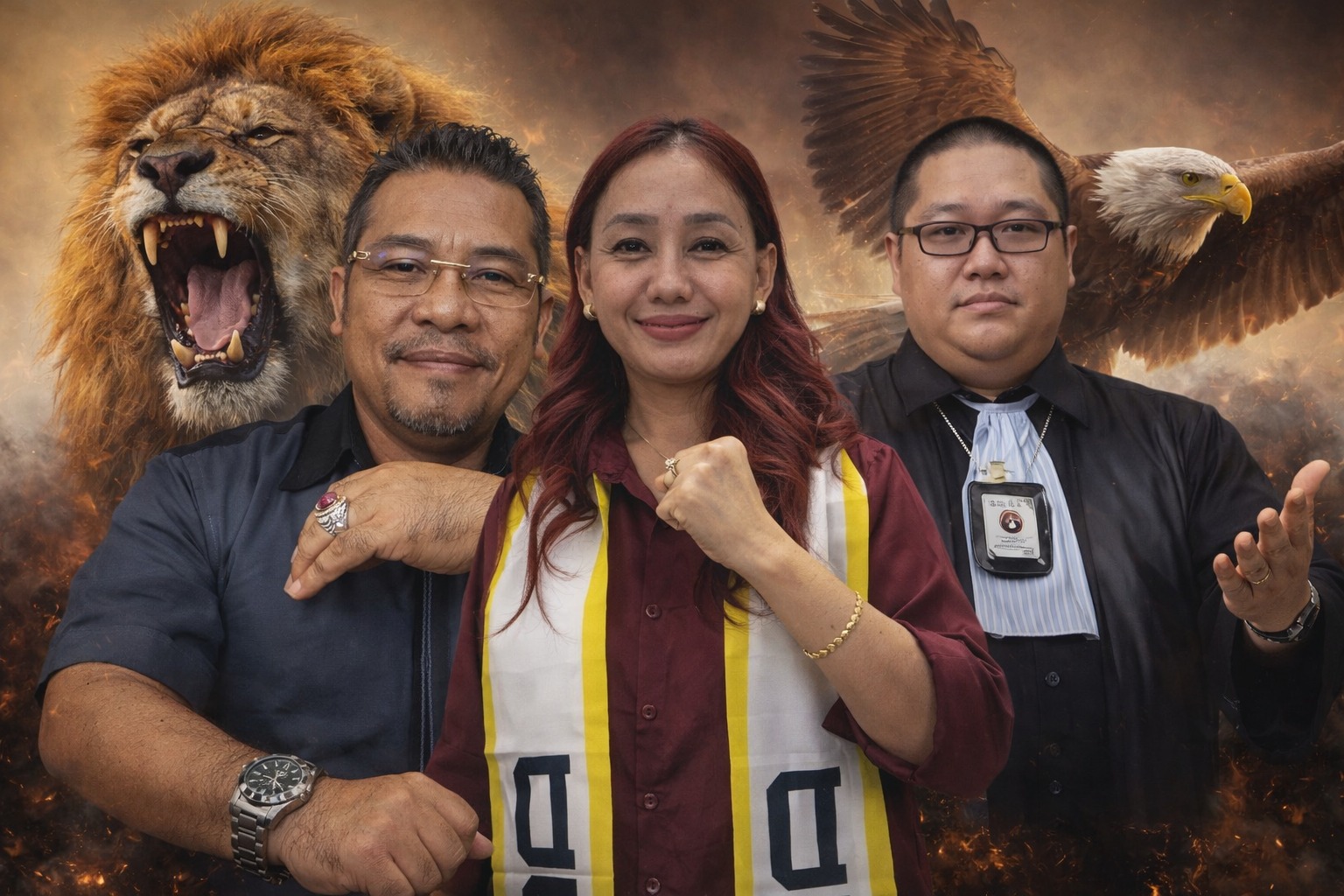 Doc. Dari kiri ke kanan: Ape (kiri), Bianca selaku Ketua FERADI WPI DKI Jakarta (tengah), dan Donny Andretti (kanan), berpose bersama dalam sebuah sesi foto berlatar ilustrasi singa dan elang yang melambangkan semangat, keberanian, dan ketegasan. (Foto: FERADI WPI Official).