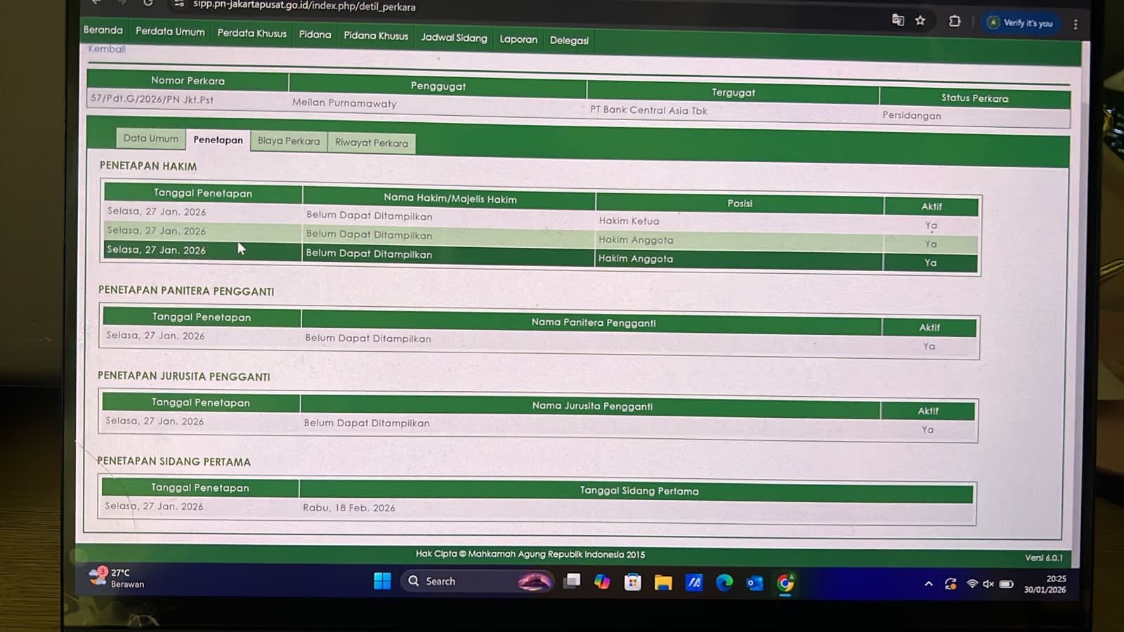 Doc. Jadual pada Sistem Informasi Penelusuran Perkara (SIPP) Pengadilan Negeri Jakarta Pusat yang menampilkan detail perkara Nomor 57/Pdt.G/2026/PN Jkt.Pst, termasuk data penggugat Meilan Purnamawaty, tergugat PT Bank Central Asia Tbk, penetapan majelis hakim, serta jadwal sidang pertama pada 18 Februari 2026. (Foto: Wilma).