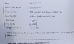 Doc. Dokumen Formulir Keterangan Diagnosa Awal dari BPJS Kesehatan yang memuat rincian biaya pelayanan sebesar Rp9.110.000 dan nilai denda pelayanan Rp5.466.000 dengan tanggal entri 13 Februari 2026. (Foto: UUN).