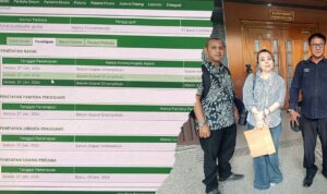 Doc. Sisi kiri menampilkan jadwal sidang perkara Nomor 57/Pdt.G/2026/PN Jkt.Pst melalui sistem e-court/SIPP Pengadilan Negeri Jakarta Pusat, sedangkan sisi kanan memperlihatkan kuasa hukum M. Arifin bersama pemberi kuasa, Sunny (Putri Meilan Purnamawaty), saat berada di lingkungan pengadilan pada Rabu (18/2/2026). (Foto: Wilma).