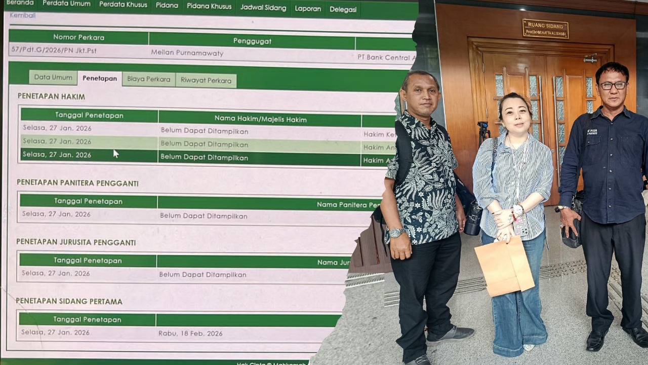 Doc. Sisi kiri menampilkan jadwal sidang perkara Nomor 57/Pdt.G/2026/PN Jkt.Pst melalui sistem e-court/SIPP Pengadilan Negeri Jakarta Pusat, sedangkan sisi kanan memperlihatkan kuasa hukum M. Arifin bersama pemberi kuasa, Sunny (Putri Meilan Purnamawaty), saat berada di lingkungan pengadilan pada Rabu (18/2/2026). (Foto: Wilma).