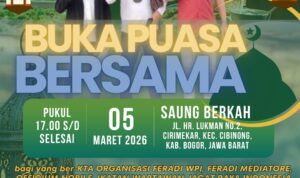 Doc. Flayer undangan kegiatan Buka Puasa Bersama DPD FERADI WPI Jawa Barat yang menampilkan H. Adang Bahrowi Sudirman, S.H., C.PFW., C.MDF., C.JKJ., CPL., selaku Ketua DPD FERADI WPI Jawa Barat, sebagai publikasi resmi agenda yang dilaksanakan pada Kamis, 5 Maret 2026, di Resto Saung Berkah, Cibinong, Bogor, Jawa Barat. (Foto: FERADI WPI Official).