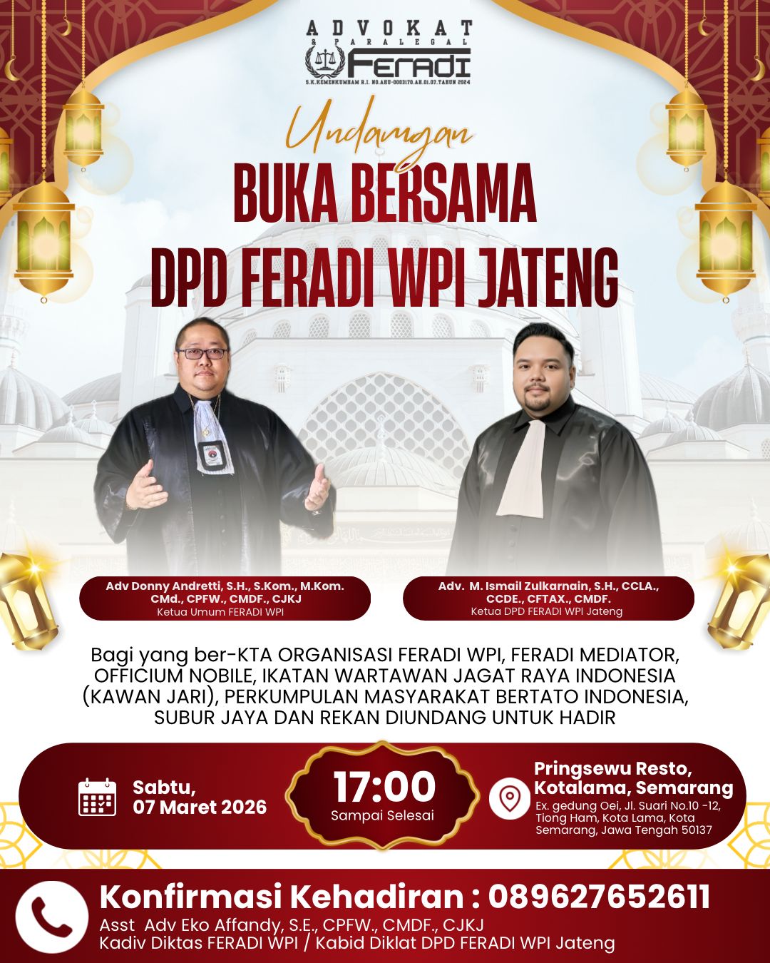 Doc. Flyer undangan acara buka puasa bersama DPD FERADI WPI Jawa Tengah yang menampilkan foto Ketua Umum FERADI WPI dan Ketua DPD FERADI WPI Jawa Tengah sebagai bagian dari publikasi kegiatan yang akan digelar pada 7 Maret 2026 di Semarang. (Foto: FERADI WPI Official).
