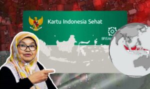 Doc. Prof. Siti Fadilah Supari mantan Menteri Kesehatan periode 2004–2009, dengan latar belakang ilustrasi kartu BPJS Kesehatan, terkait pemberitaan krisis akses layanan kesehatan akibat penonaktifan massal peserta PBI BPJS. (NR).