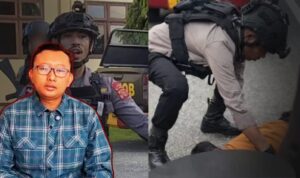 Doc. Ketua Yayasan Lembaga Bantuan Hukum Indonesia Muhammad Isnur memberikan keterangan kepada awak media terkait kasus dugaan kekerasan yang melibatkan oknum Brimob, dengan latar belakang markas Brimob yang dimaksud. Foto close-up menampilkan ekspresi narasumber saat menyampaikan pernyataan dalam ilustrasi pemberitaan. (NR).