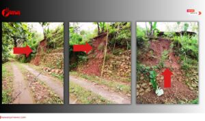 Doc. Kompilasi foto memperlihatkan beberapa sudut pandang titik longsor pada lereng sisi badan jalan di Dusun Karang, Kalurahan Nglegi, Kapanewon Patuk, Kabupaten Gunungkidul. Terlihat tebing tanah mengalami pengikisan dan penurunan material, dengan kemiringan lereng yang cukup curam serta sebagian tanah telah terlepas mengikuti kontur lereng. Pada bagian atas lereng tampak area permukiman warga, sedangkan bagian bawah berbatasan langsung dengan badan jalan desa. Dokumentasi ini menunjukkan bahwa longsor tidak hanya berdampak pada struktur tanah, tetapi juga berpotensi mengganggu stabilitas jalan dan mengancam keselamatan pengguna jalan maupun rumah warga apabila terjadi longsor susulan, terutama saat curah hujan tinggi. (Sumber Foto: Adinda Riski Wulandari).