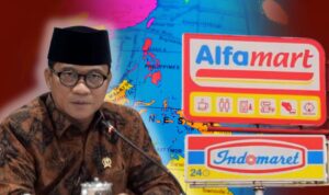 Doc. Ilustrasi Menteri Desa, Pembangunan Daerah Tertinggal, dan Transmigrasi Yandri Susanto dengan latar logo jaringan ritel modern Alfamart dan Indomaret. Gambar ini merupakan ilustrasi pemberitaan terkait pernyataan pemerintah mengenai ekspansi minimarket dan penguatan Koperasi Desa (Kopdes) Merah Putih. (NR).