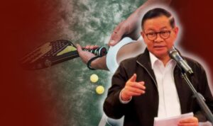 Doc. Ilustrasi berlatar aktivitas pemain padel di lapangan, sementara di bagian depan Gubernur DKI Jakarta, Pramono Anung, menyampaikan keterangan kepada awak media terkait kebijakan penertiban dan pengaturan operasional lapangan padel di wilayah permukiman. (NR).