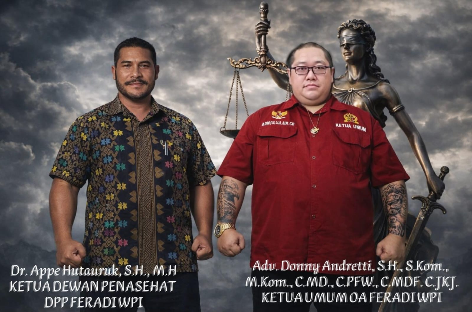Doc. Dr. Appe Hutauruk, S.H., M.H., selaku Ketua Dewan Penasehat DPP FERADI WPI, bersama Adv. Donny Andretti, S.H., S.Kom., M.Kom., C.MD., C.PFW., C.MDF., C.JKJ., Ketua Umum FERADI WPI, dalam sesi foto resmi berlatar simbol keadilan, mencerminkan komitmen penguatan organisasi dan integritas profesi advokat di bawah naungan FERADI WPI. (Foto: FERADI WPI Official).