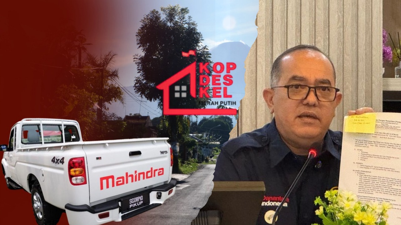 Doc. Sisi kiri: Ilustrasi kendaraan pikap 4x4 untuk operasional Koperasi Desa Merah Putih di wilayah pedesaan. Gambar merupakan ilustrasi terkait rencana pengadaan kendaraan logistik dan bukan dokumentasi kegiatan resmi. Sisi kanan: Direktur Utama PT Agrinas Pangan Nusantara saat menyampaikan keterangan resmi terkait proses pengadaan kendaraan pendukung program Koperasi Desa Merah Putih. (NR).