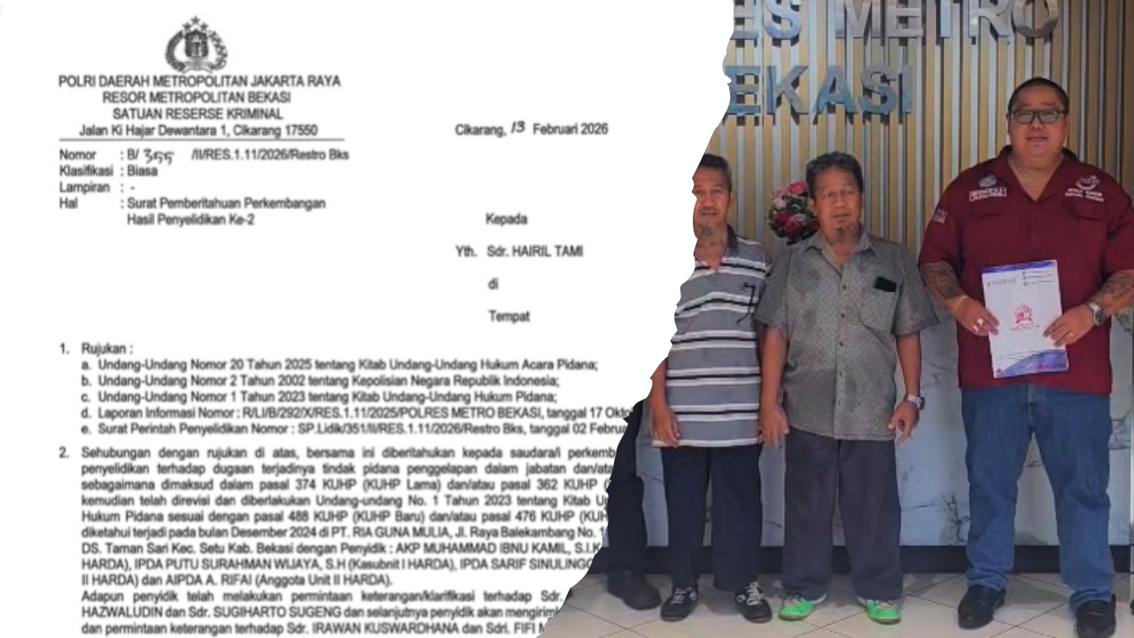 Doc. Kolase dokumen dan narasumber: (kiri) Surat Pemberitahuan Perkembangan Hasil Penyelidikan (SP2HP) terkait laporan dugaan penggelapan yang diterbitkan penyidik Polres Metro Bekasi; (kanan) Hairil Tami bersama tim kuasa hukum saat memberikan keterangan terkait perkembangan penanganan perkara tersebut. (Foto: FERADI WPI Official).