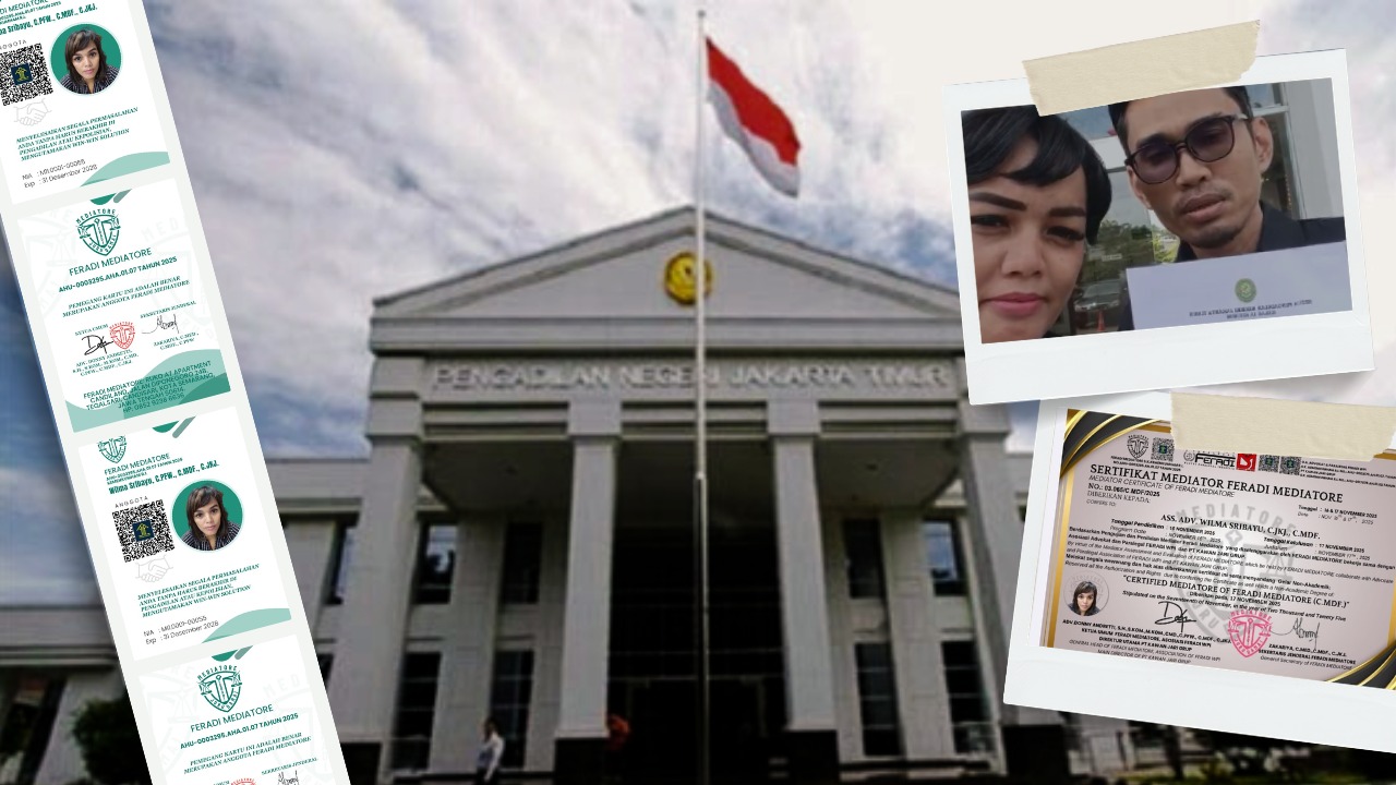 Doc. Kolase dokumen dan visual penetapan Wilma Sribayu sebagai Mediator Non Hakim di Pengadilan Negeri Jakarta Timur Kelas IA Khusus, menampilkan latar gedung pengadilan, sertifikat pendidikan mediator dari FERADI MEDIATORE, serta dokumentasi pendukung terkait proses administrasi dan pengakuan resmi lembaga. (Foto: FERADI MEDIATORE Official).