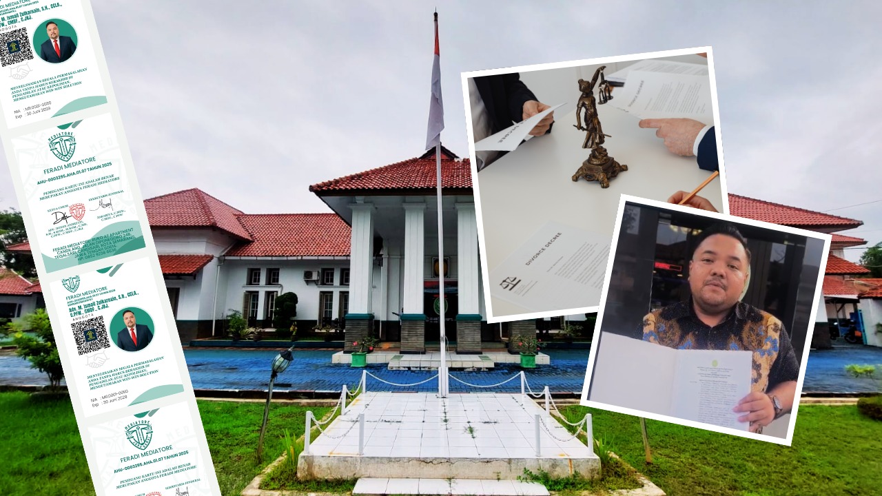 Dok. Kolase dokumen dan visual penetapan M. Ismail Zulkarnain sebagai Mediator Non Hakim di Pengadilan Negeri Pekalongan. Dalam salah satu gambar, M. Ismail Zulkarnain menunjukkan Surat Keputusan Ketua Pengadilan Negeri Pekalongan Nomor 89/KPN.W12-U4/SK.OT1.6/1/2026 tentang penetapannya sebagai Mediator Non Hakim Tahun 2026 di lingkungan PN Pekalongan. (Foto: FERADI MEDIATORE Official).