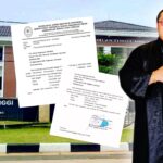 Doc. Dok. Kolase latar belakang Gedung Pengadilan Negeri Semarang, tampilan bagian depan surat undangan/pemberitahuan pelaksanaan sumpah advokat, serta Adv. Donny Andretti selaku Ketua Umum FERADI WPI mengenakan toga advokat. (Foto: FERADI WPI Official).