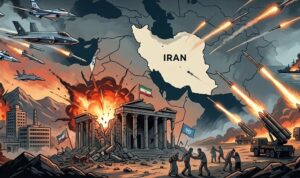 Doc. Ilustrasi grafis yang menggambarkan situasi hari ke-6 eskalasi konflik di Timur Tengah. Visual memperlihatkan dinamika serangan udara terhadap fasilitas strategis, peluncuran rudal balistik, serta dampak kerusakan pada infrastruktur yang memicu krisis kemanusiaan di kawasan tersebut. Catatan: Gambar ini hanyalah ilustrasi artistik untuk keperluan visualisasi berita dan bukan merupakan dokumentasi foto asli dari lokasi kejadian. (Ilustrasi: NR).