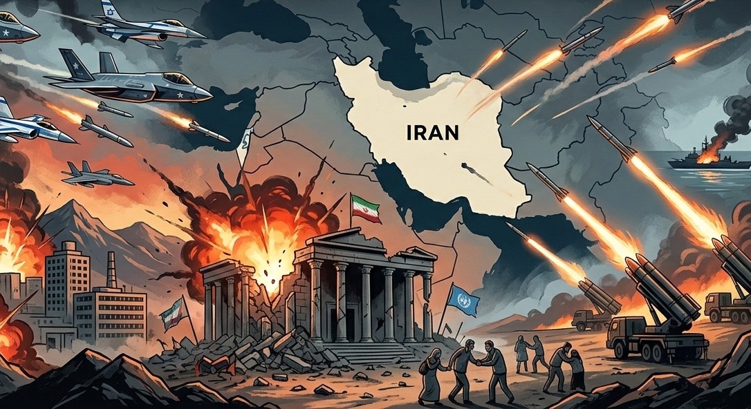 Doc. Ilustrasi grafis yang menggambarkan situasi hari ke-6 eskalasi konflik di Timur Tengah. Visual memperlihatkan dinamika serangan udara terhadap fasilitas strategis, peluncuran rudal balistik, serta dampak kerusakan pada infrastruktur yang memicu krisis kemanusiaan di kawasan tersebut. Catatan: Gambar ini hanyalah ilustrasi artistik untuk keperluan visualisasi berita dan bukan merupakan dokumentasi foto asli dari lokasi kejadian. (Ilustrasi: NR).
