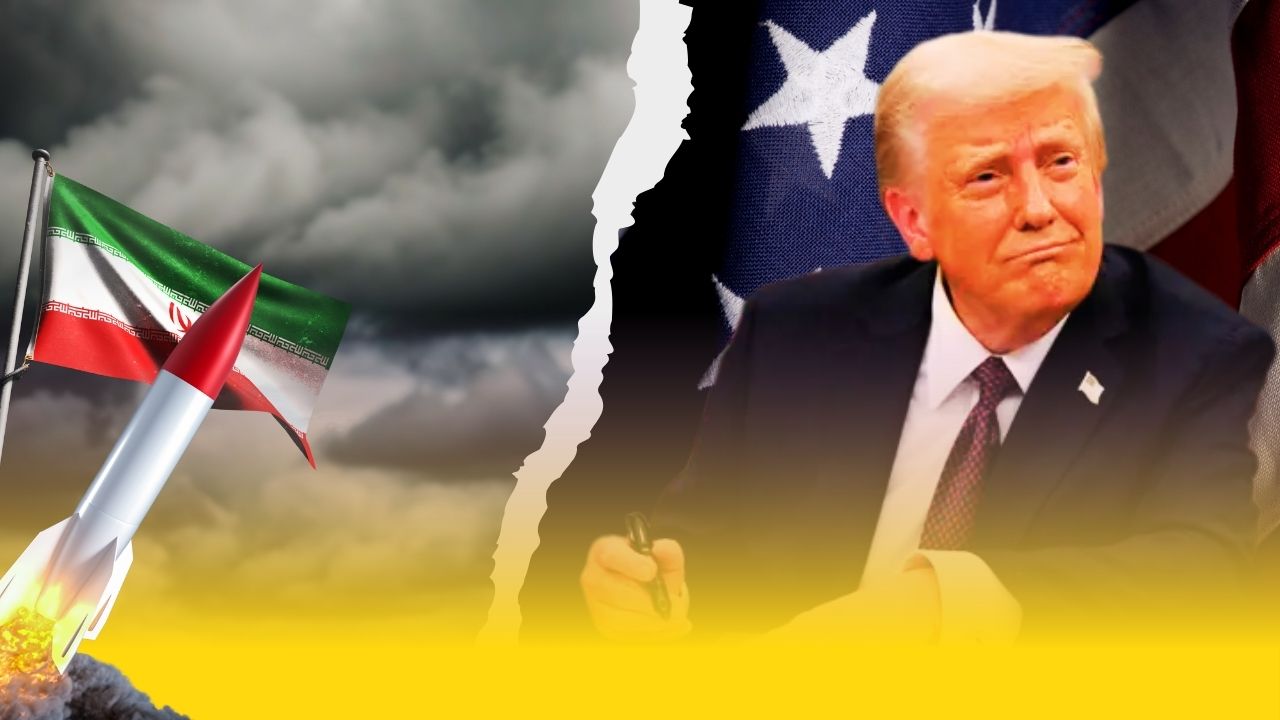 Doc. Ilustrasi ketegangan geopolitik antara Iran dan Amerika Serikat. Pada sisi kiri gambar terlihat bendera Iran dengan ilustrasi rudal yang sedang diluncurkan, melambangkan kemampuan militer dan respons Iran dalam konflik regional. Sementara pada sisi kanan tampak latar belakang bendera Amerika Serikat dengan Donald Trump di bagian depan, menggambarkan peran kepemimpinan Amerika Serikat dalam dinamika konflik yang memanas di kawasan Timur Tengah. (ilustrasi: NR).