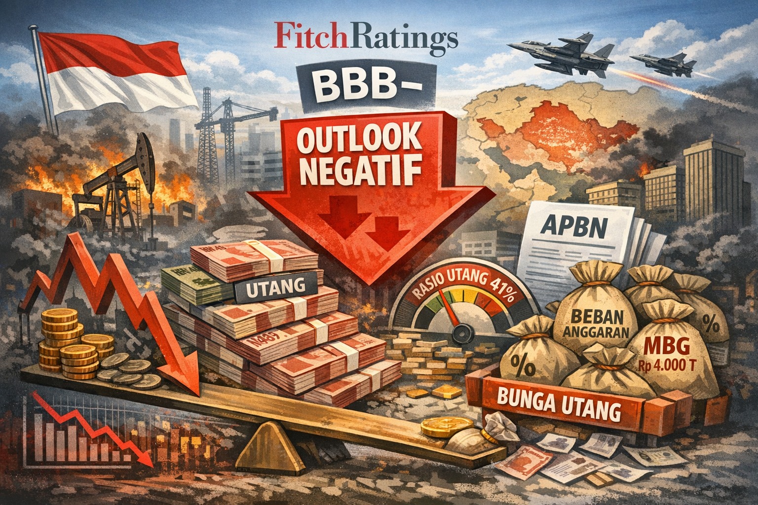 Doc. Ilustrasi tekanan fiskal Indonesia setelah lembaga pemeringkat kredit internasional Fitch Ratings menurunkan outlook utang Indonesia menjadi negatif, di tengah peningkatan rasio utang pemerintah, beban bunga utang, serta tekanan terhadap Anggaran Pendapatan dan Belanja Negara (APBN). (NR).