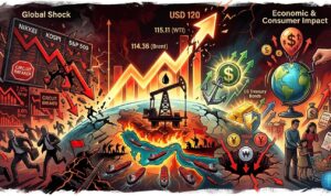 Doc. Visualisasi guncangan ekonomi global akibat lonjakan harga minyak dunia yang menembus USD 114 per barel, dipicu oleh ketegangan geopolitik di Selat Hormus dan jatuhnya bursa saham internasional. (ilustrasi: NR).