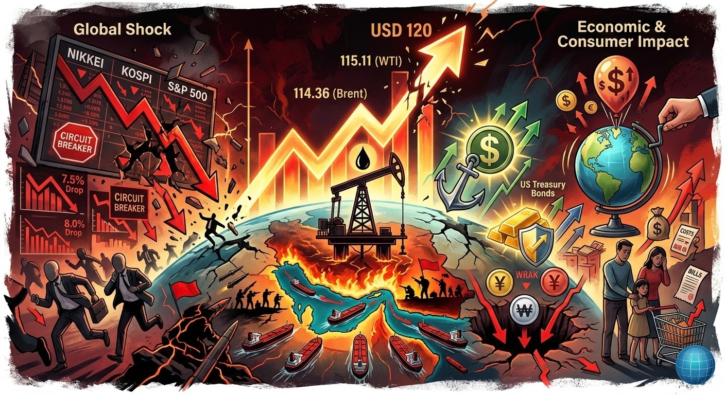 Doc. Visualisasi guncangan ekonomi global akibat lonjakan harga minyak dunia yang menembus USD 114 per barel, dipicu oleh ketegangan geopolitik di Selat Hormus dan jatuhnya bursa saham internasional. (ilustrasi: NR).