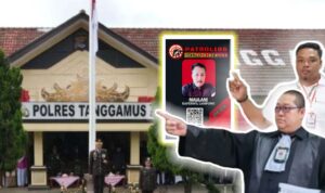 Doc. Gedung Polsek Pulau Panggung di Kabupaten Tanggamus sebagai latar belakang, dengan potongan gambar (crop) di bagian depan menampilkan Panji dan Donny Andretti, serta tampilan close-up kartu identitas pers milik wartawan yang disebut dalam pemberitaan. (Foto: Moh Ismail).