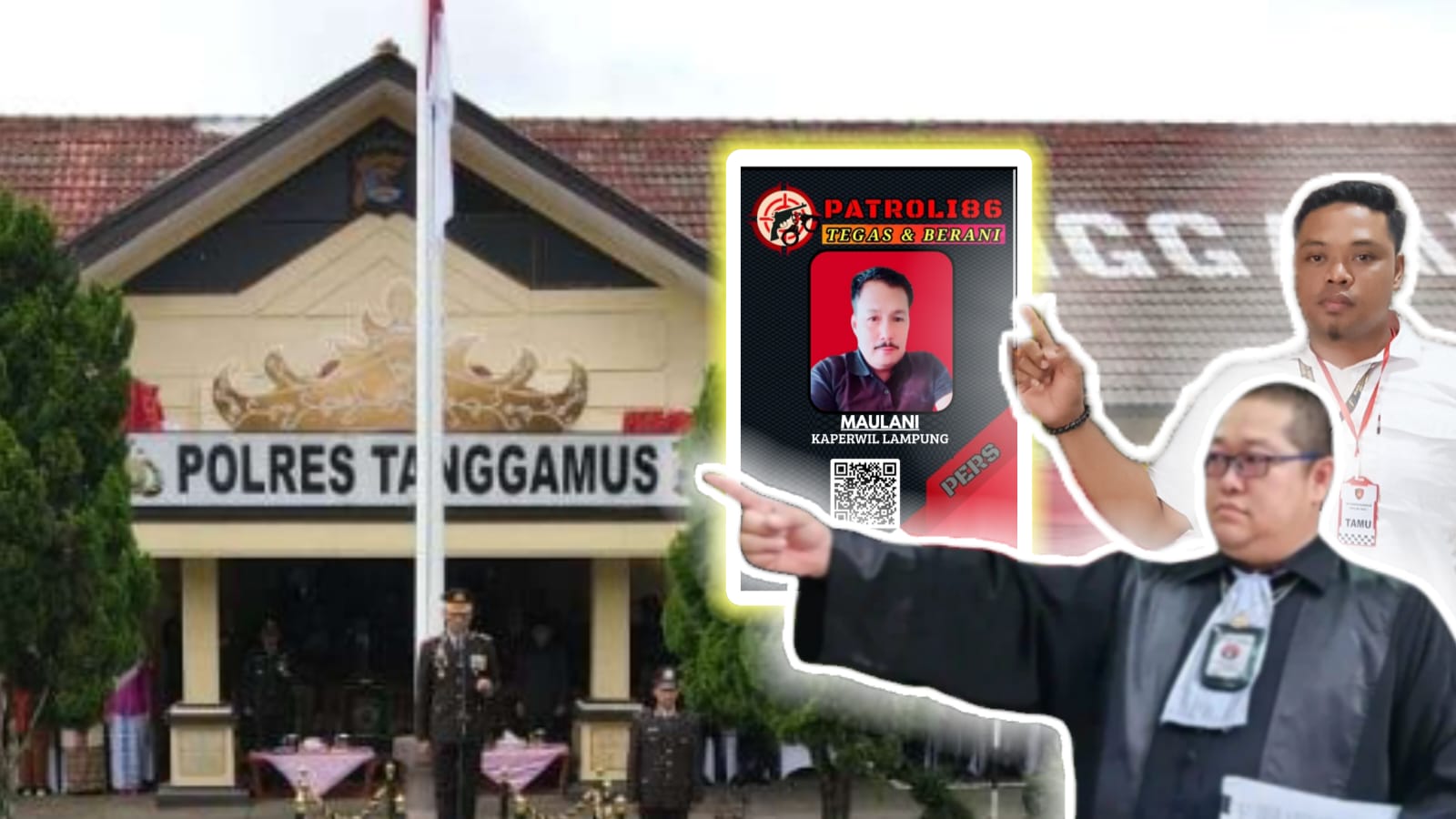 Doc. Gedung Polsek Pulau Panggung di Kabupaten Tanggamus sebagai latar belakang, dengan potongan gambar (crop) di bagian depan menampilkan Panji dan Donny Andretti, serta tampilan close-up kartu identitas pers milik wartawan yang disebut dalam pemberitaan. (Foto: Moh Ismail).