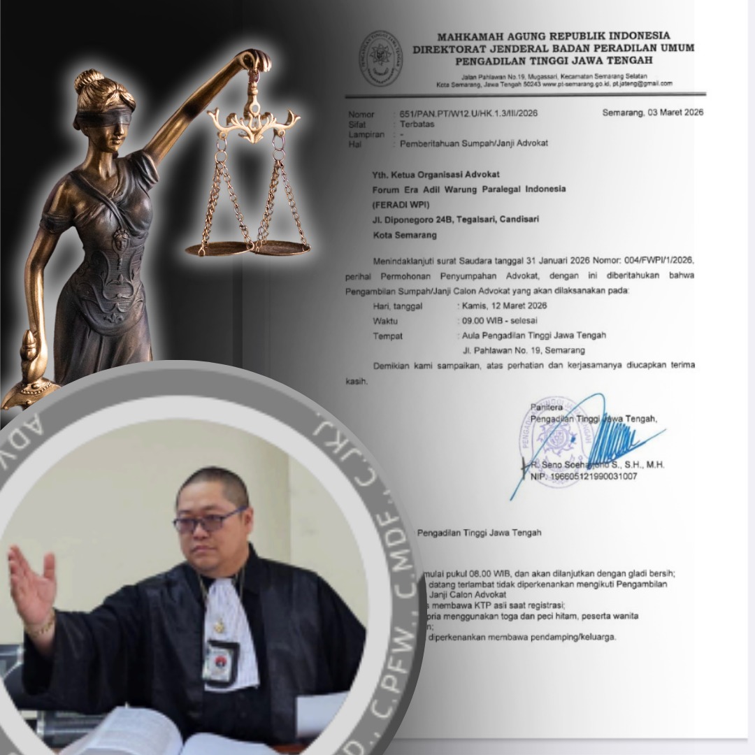 Doc. Ketua Umum FERADI WPI Adv. Donny Andretti, S.H., S.Kom., M.Kom., CMD., C.PFW., C.MDF., C.JKJ., dengan latar belakang surat undangan resmi pelaksanaan sumpah/janji advokat dari Pengadilan Tinggi Jawa Tengah yang dijadwalkan berlangsung pada 12 Maret 2026 di Semarang. (Foto: FERADI WPI Official).