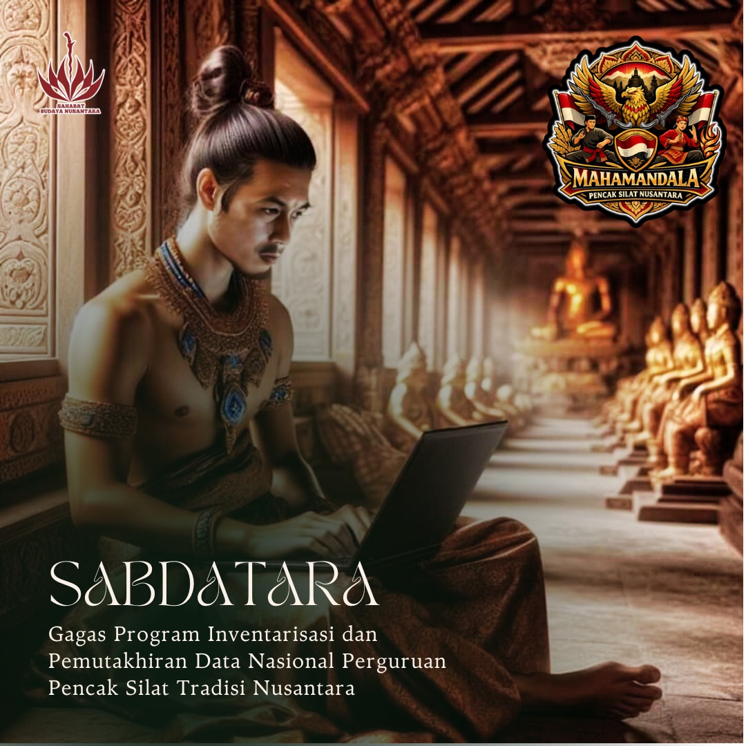 Doc. Ilustrasi visual program Inventarisasi dan Pemutakhiran Data Nasional Perguruan Pencak Silat Tradisi Nusantara yang digagas Yayasan Sahabat Budaya Nusantara (SABDATARA) dalam rangkaian Mahamandala Pencak Silat Nusantara 2026. Ilustrasi menampilkan simbol integrasi tradisi dan teknologi sebagai upaya pendataan komunitas Pencak Silat Tradisi secara nasional. Gambar bersifat ilustratif dan tidak menggambarkan peristiwa atau kegiatan nyata. (Sumber Foto: SABDATARA Official).