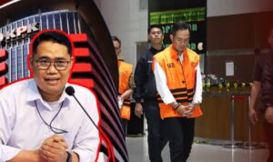 Doc. Close-up Deputi Penindakan dan Eksekusi KPK Asep Guntur Rahayu di depan Gedung Merah Putih KPK, Jakarta, dengan latar belakang visual Bupati Cilacap berinisial AUL mengenakan rompi oranye tahanan saat digiring menuju pemeriksaan terkait perkara dugaan pemerasan dana THR di lingkungan Pemerintah Kabupaten Cilacap. (Sumber Foto: kPK).