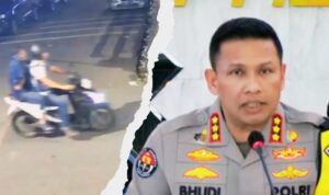 Doc. Kolase foto menampilkan tangkapan layar rekaman CCTV pada sisi kiri yang memperlihatkan terduga pelaku berboncengan sepeda motor sebelum insiden penyiraman terhadap aktivis KontraS Andrie Yunus. Sementara pada sisi kanan, jajaran Polda Metro Jaya memberikan keterangan dalam konferensi pers terkait perkembangan penanganan kasus, termasuk pengungkapan bukti awal dan proses uji laboratorium terhadap cairan yang diduga air keras. (NR).
