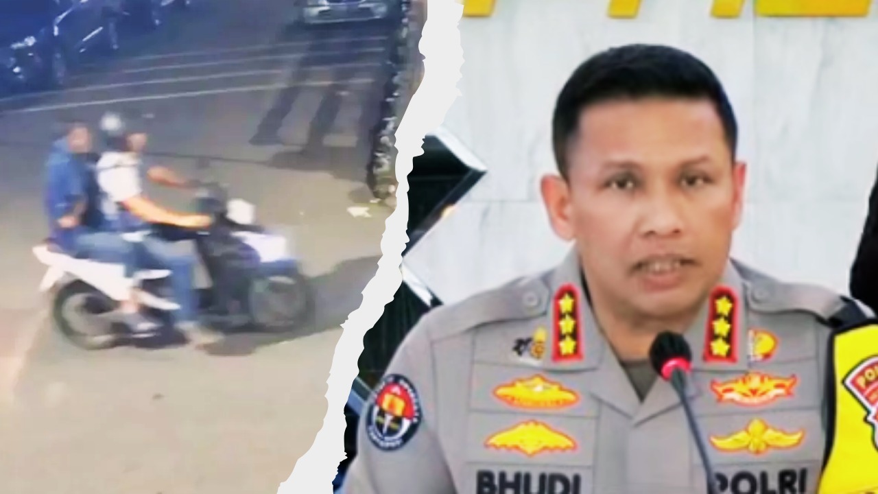 Doc. Kolase foto menampilkan tangkapan layar rekaman CCTV pada sisi kiri yang memperlihatkan terduga pelaku berboncengan sepeda motor sebelum insiden penyiraman terhadap aktivis KontraS Andrie Yunus. Sementara pada sisi kanan, jajaran Polda Metro Jaya memberikan keterangan dalam konferensi pers terkait perkembangan penanganan kasus, termasuk pengungkapan bukti awal dan proses uji laboratorium terhadap cairan yang diduga air keras. (NR).