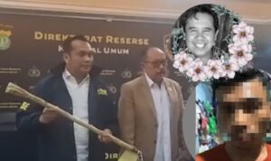 Doc. Latar belakang memperlihatkan pihak kepolisian saat menunjukkan barang bukti berupa linggis yang diduga digunakan dalam kasus perampokan disertai pembunuhan terhadap Ermanto Usman di Bekasi. Pada lingkaran bagian depan bawah tampak terduga tersangka dengan wajah disamarkan, sementara lingkaran bagian depan atas menampilkan almarhum Ermanto Usman semasa hidup. (NR).