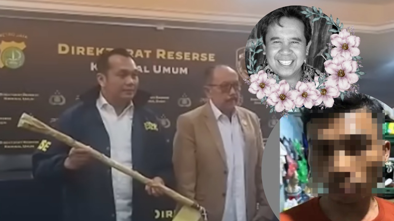 Doc. Latar belakang memperlihatkan pihak kepolisian saat menunjukkan barang bukti berupa linggis yang diduga digunakan dalam kasus perampokan disertai pembunuhan terhadap Ermanto Usman di Bekasi. Pada lingkaran bagian depan bawah tampak terduga tersangka dengan wajah disamarkan, sementara lingkaran bagian depan atas menampilkan almarhum Ermanto Usman semasa hidup. (NR).