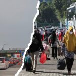 Doc. Sisi kiri, kendaraan pemudik mengantre di gerbang tol Jkarta menuju Cikampek (17/3/2025) di tengah peningkatan volume arus mudik Lebaran 2026. Sisi kanan, calon penumpang di terminal membawa tas dan barang bawaan menjelang keberangkatan untuk mudik ke kampung halaman. (NR).