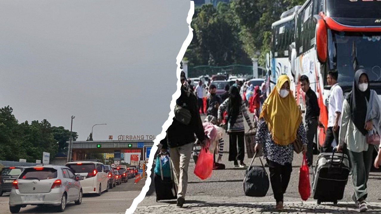 Doc. Sisi kiri, kendaraan pemudik mengantre di gerbang tol Jkarta menuju Cikampek (17/3/2025) di tengah peningkatan volume arus mudik Lebaran 2026. Sisi kanan, calon penumpang di terminal membawa tas dan barang bawaan menjelang keberangkatan untuk mudik ke kampung halaman. (NR).
