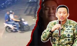 Dco. Kolase ilustrasi memperlihatkan tangkapan layar CCTV di sisi kiri yang merekam terduga pelaku saat melakukan aksi penyiraman air keras, latar belakang sisi kanan menampilkan korban Andrie Yunus, serta bagian depan sisi kanan menampilkan Kapuspen TNI saat memberikan keterangan resmi terkait penyelidikan internal atas dugaan keterlibatan oknum dalam kasus tersebut. (NR).