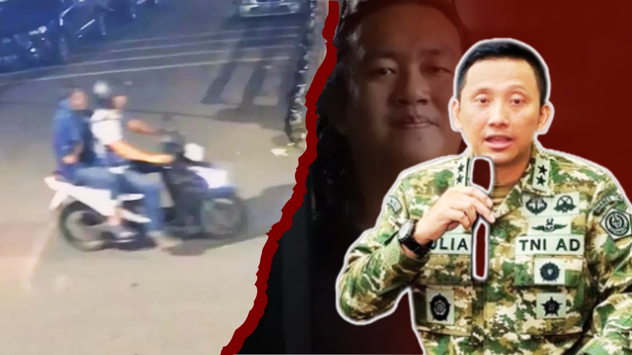 Dco. Kolase ilustrasi memperlihatkan tangkapan layar CCTV di sisi kiri yang merekam terduga pelaku saat melakukan aksi penyiraman air keras, latar belakang sisi kanan menampilkan korban Andrie Yunus, serta bagian depan sisi kanan menampilkan Kapuspen TNI saat memberikan keterangan resmi terkait penyelidikan internal atas dugaan keterlibatan oknum dalam kasus tersebut. (NR).
