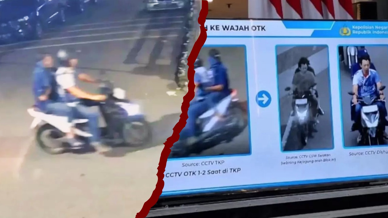 Doc. Kolase tangkapan layar CCTV, sisi kiri memperlihatkan situasi saat insiden penyiraman air keras terjadi, sementara sisi kanan merupakan tayangan rekaman CCTV yang ditampilkan pihak kepolisian saat konferensi pers pengungkapan kasus. (NR).