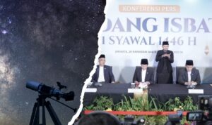 Doc. Kolase dokumentasi sidang isbat penentuan awal Ramadan 1447 Hijriah tahun 2026, dengan sisi kiri menampilkan ilustrasi peneropongan hilal. Foto digunakan sebagai ilustrasi pemberitaan terkait rencana sidang isbat penetapan 1 Syawal 1447 Hijriah oleh Kementerian Agama. (NR).