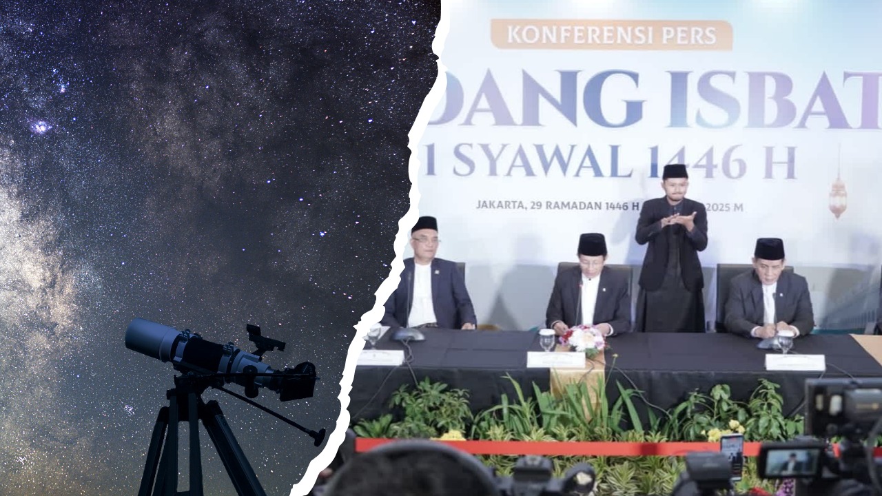 Doc. Kolase dokumentasi sidang isbat penentuan awal Ramadan 1447 Hijriah tahun 2026, dengan sisi kiri menampilkan ilustrasi peneropongan hilal. Foto digunakan sebagai ilustrasi pemberitaan terkait rencana sidang isbat penetapan 1 Syawal 1447 Hijriah oleh Kementerian Agama. (NR).